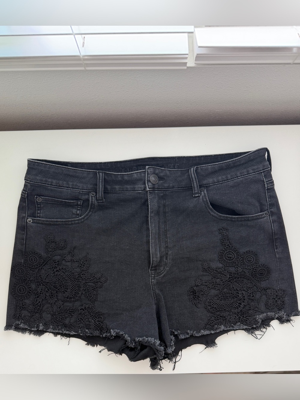 American Eagle Outfitters Black Denim Lace-Appliqué Shorts